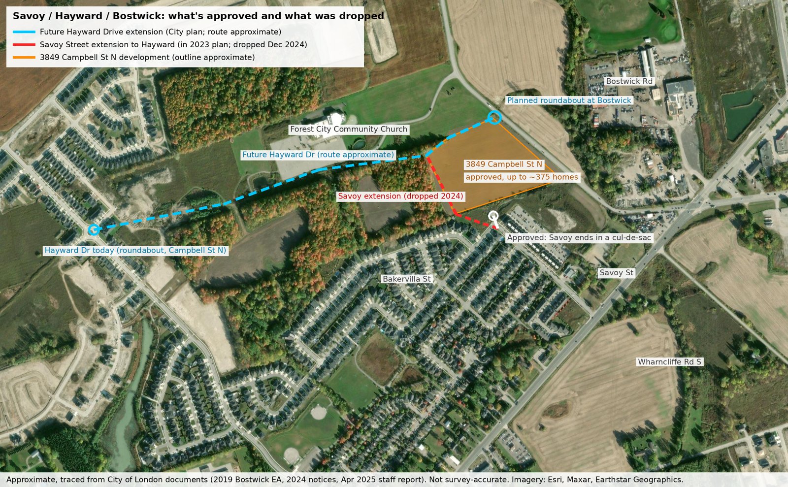 Map of the future Hayward Drive extension, the approved development north of Bakervilla, and the dropped Savoy Street extension